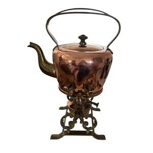 GBN early 1900 TILTING TEA KETTLE Hammered Brass/Copper with Warmer Stand